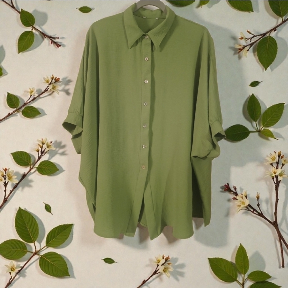 Lime Green Women's Short Dolman Sleeves Button-down, Collared Shirt Size 3X